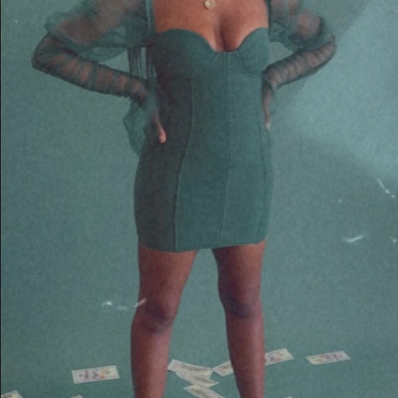 Emerald Mesh-Sleeve Corset Mini Dress | Luxe Holiday / NYE / Party Dress –Size M - Picture 15 of 16